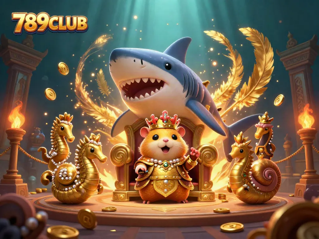 Experience the thrill of gaming at 789CLUB with a 3D scene featuring a hamster king and underwater casino elements.