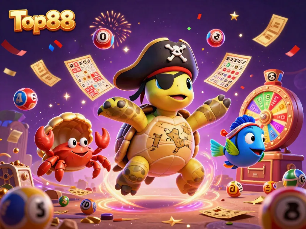 Engage in the exciting world of Top88 with vibrant lottery elements and treasure-themed characters.