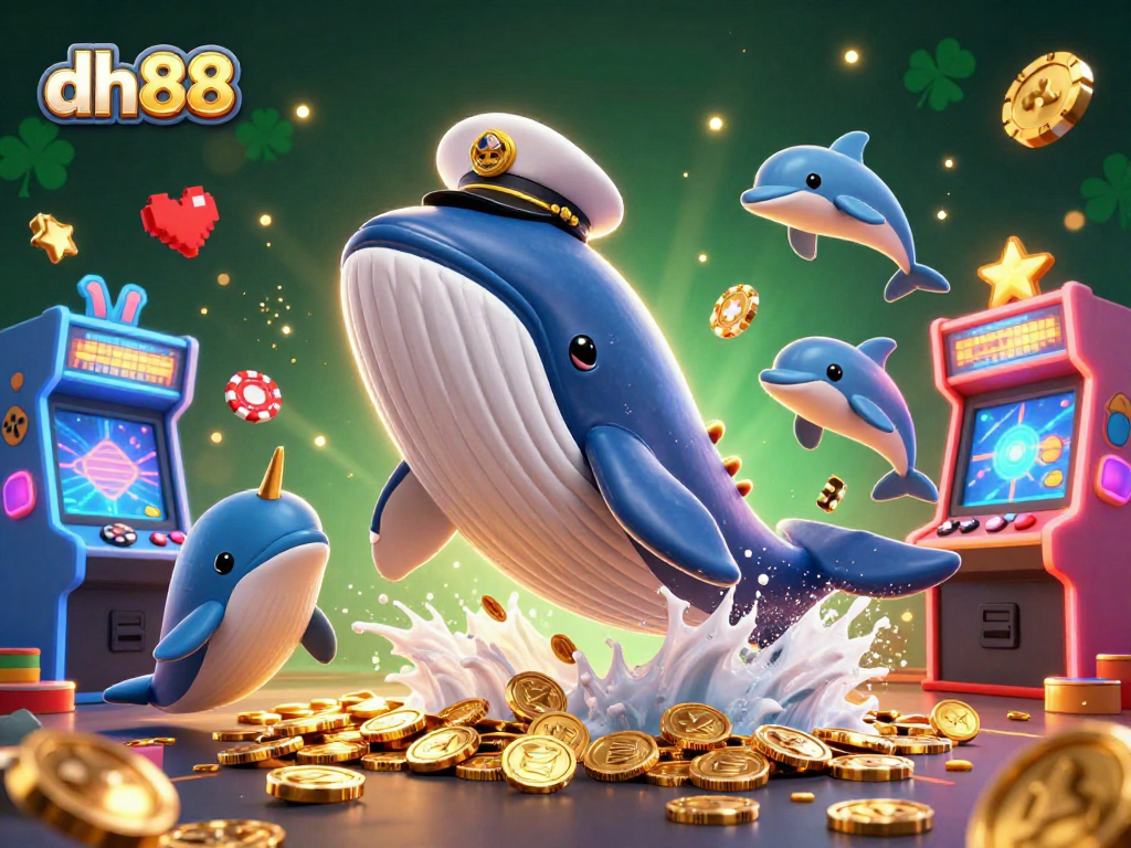 Experience thrilling gaming with dh88's grand 3D illustration featuring a whale and dolphin in a dynamic casino setting.
