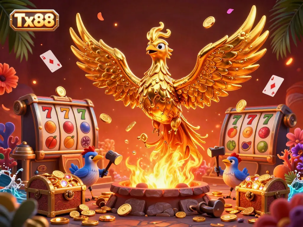 Experience the excitement of Tx88 casino with dynamic elements like slots, a phoenix, and gold coins.