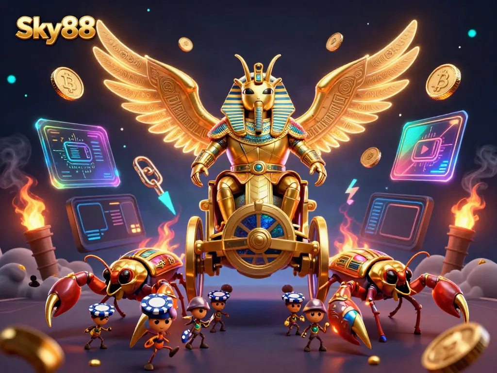 Engage with Sky88's thrilling gaming experience featuring a golden scarab beetle and casino elements.