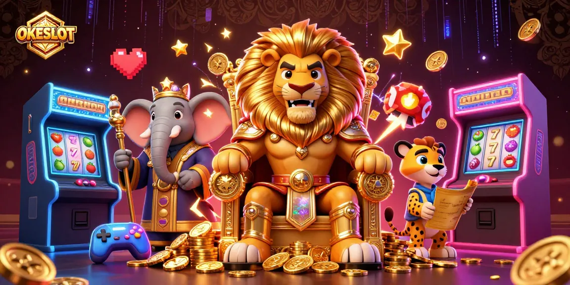 Raih keberuntungan dengan OKESLOT, ilustrasi raja singa dan teman-temannya bermain slot