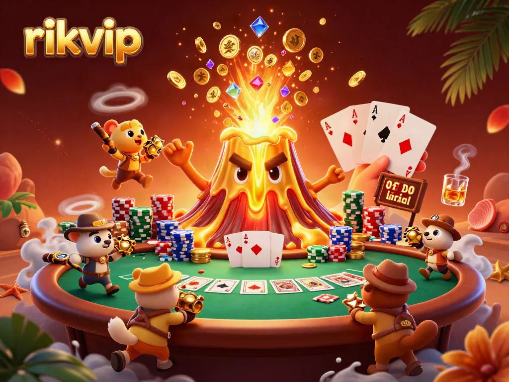Play exciting games and win at rikvip with a vibrant scene of treasure and victory-themed elements.