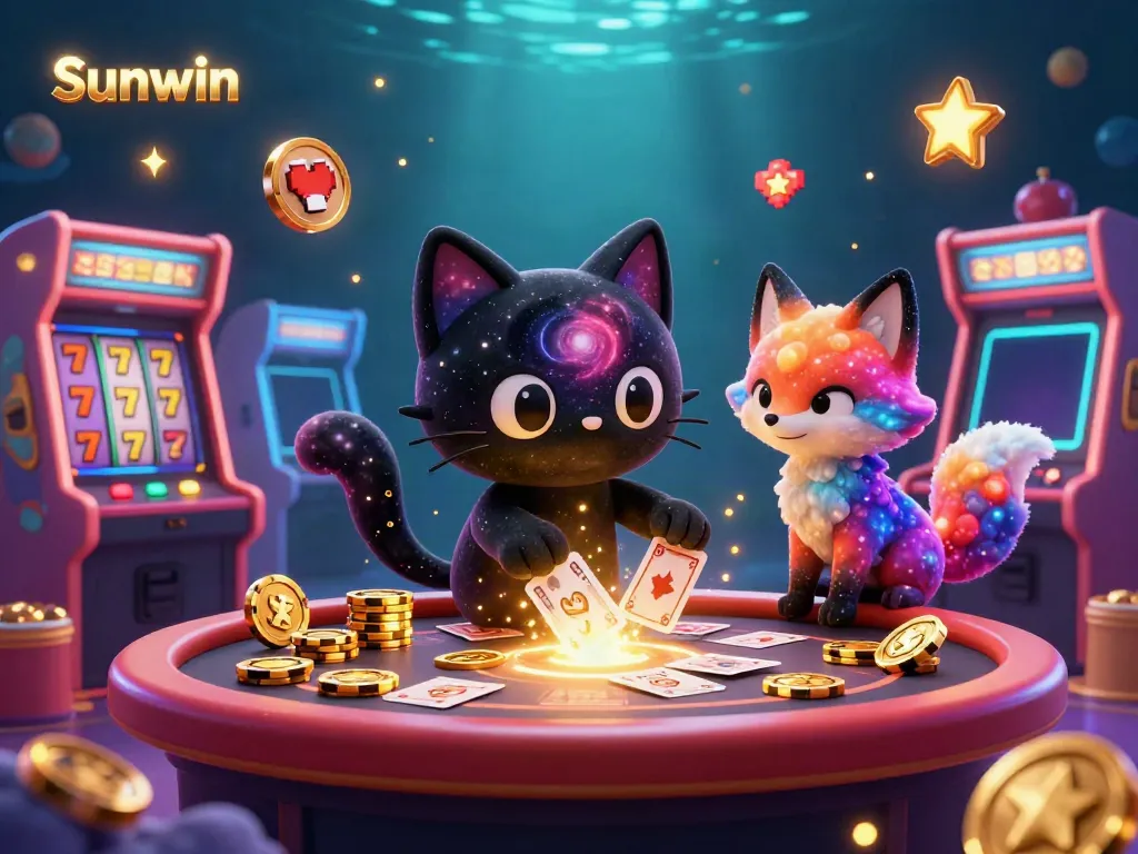 Experience Sunwin's thrilling cosmic casino with a black hole cat and nebula fox in action.