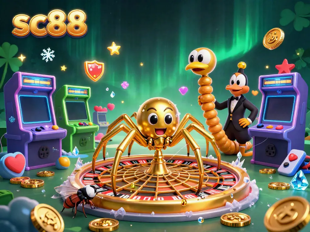Experience thrilling bets at sc88 with a golden spider and centipede in a vibrant casino web scene.