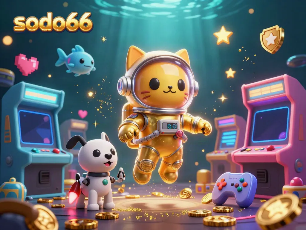 Engage with the vibrant casino experience at sodo66 featuring an astronaut cat and robot dog amidst arcade games.