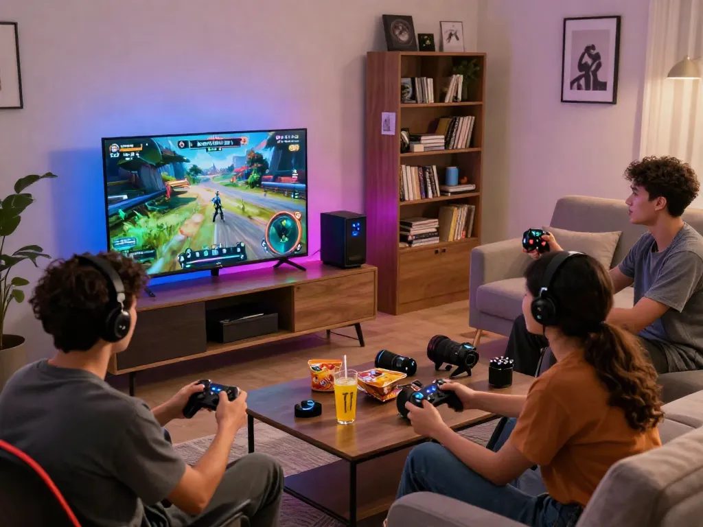Friends enjoying DA88 gaming experience in a vibrant living room.