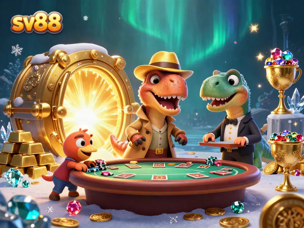 sv88 velociraptor discreetly betting at a blackjack table amidst sparkling gemstones.