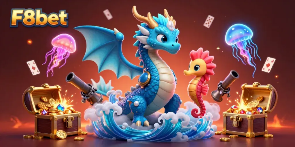 Enchanting scene of F8bet featuring a majestic water dragon amidst vibrant underwater treasures.