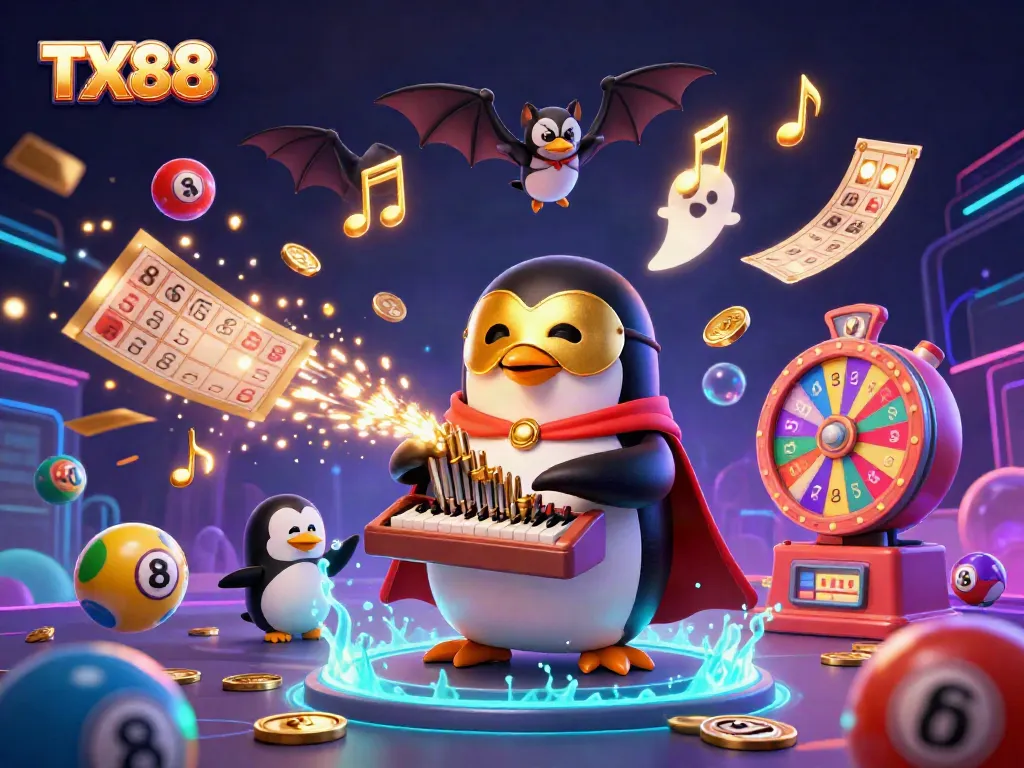 Experience TX88 with a cartoon penguin and vibrant casino elements in this dynamic 3D illustration.