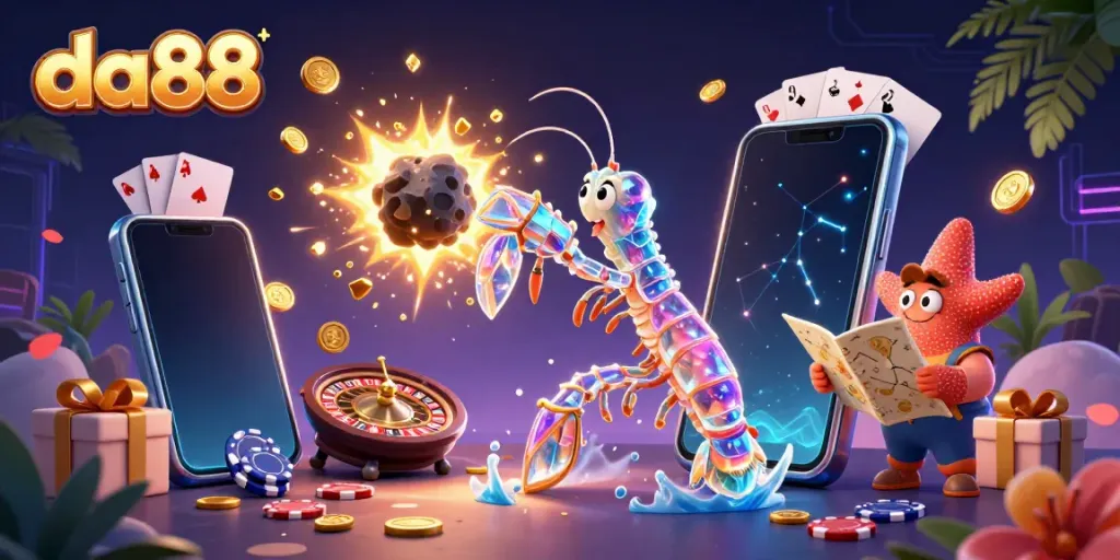 Experience thrilling gaming at da88 with a vibrant 3D scene showcasing a galactic samurai and casino elements.