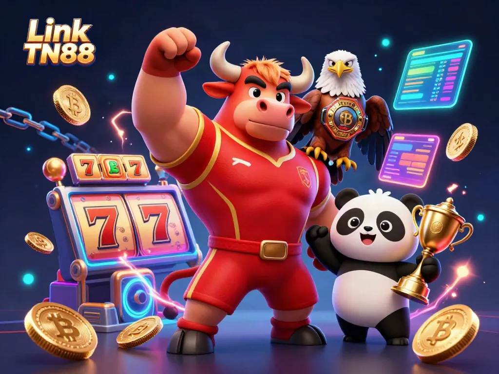 The Link TN88 victory scene features a muscular bull, eagle, and panda celebrating amidst slot reels and crypto coins.