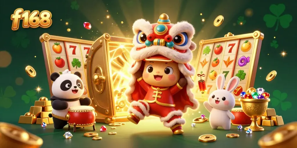 Experience the vibrant world of f168 with a lion dance and slot elements in this action-packed scene.