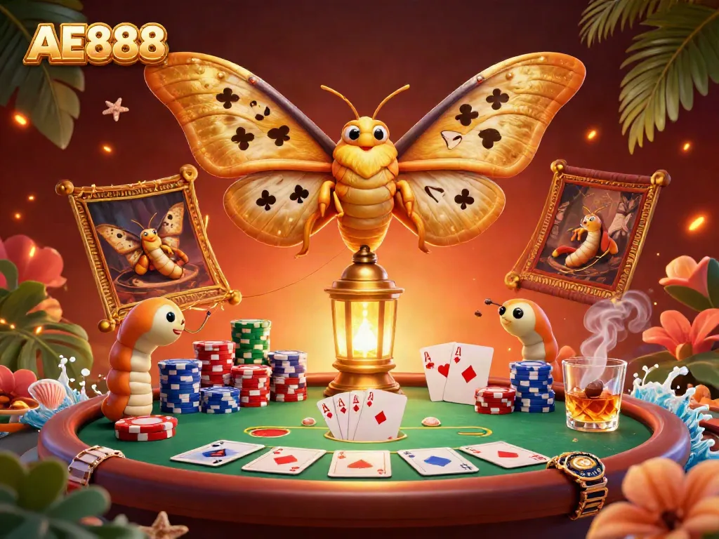 Engage in thrilling gameplay at AE888 casino with vibrant poker scenes featuring a majestic moth and golden elements.