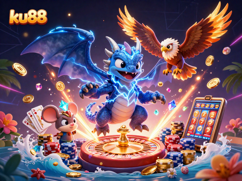 ku88 showcases a thrilling 3D casino scene with vibrant characters and dynamic gambling elements.