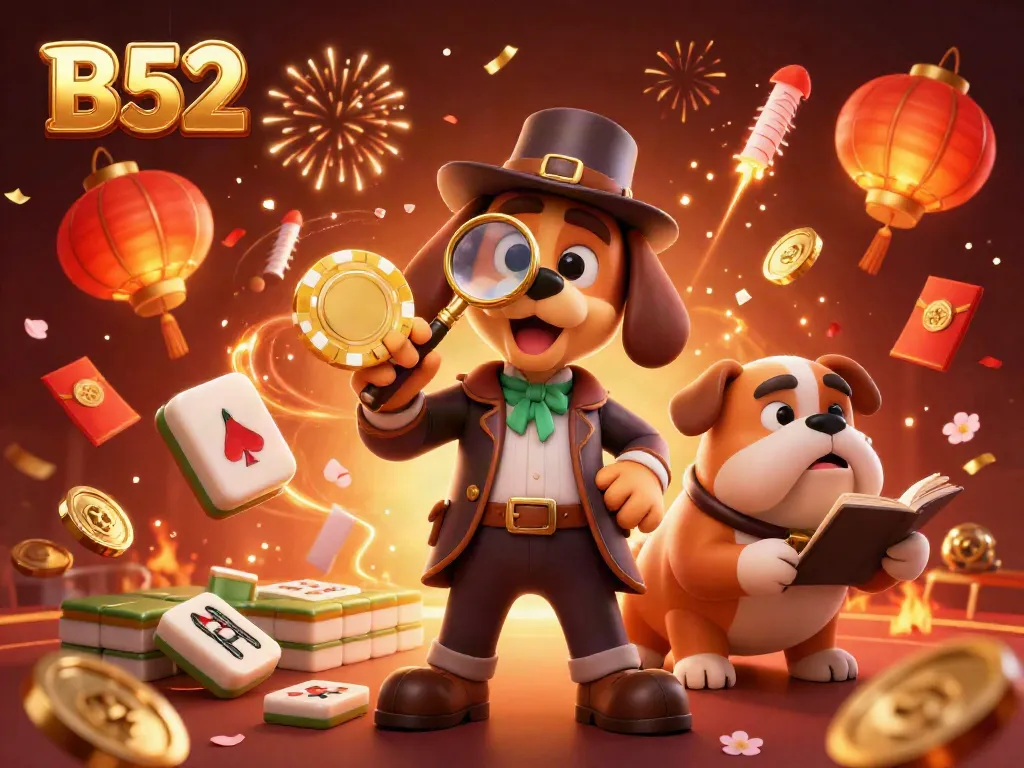 Celebrate a B52 casino theme with animated characters and iconic gambling items in a festive setting.