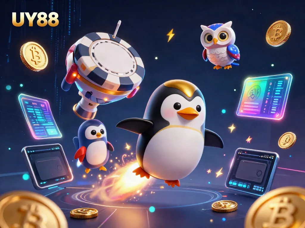 Bet on UY88 with a golden penguin soaring towards a casino space station amidst cryptocurrency elements.