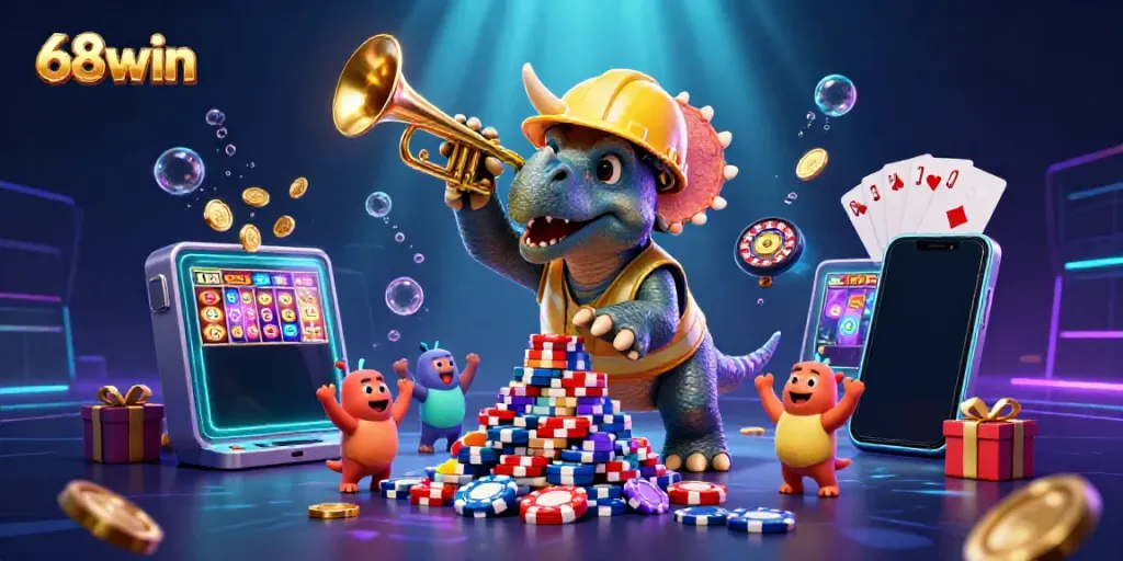 Experience thrilling wins at 68win with fun slot games and exciting poker action in an animated casino scene.