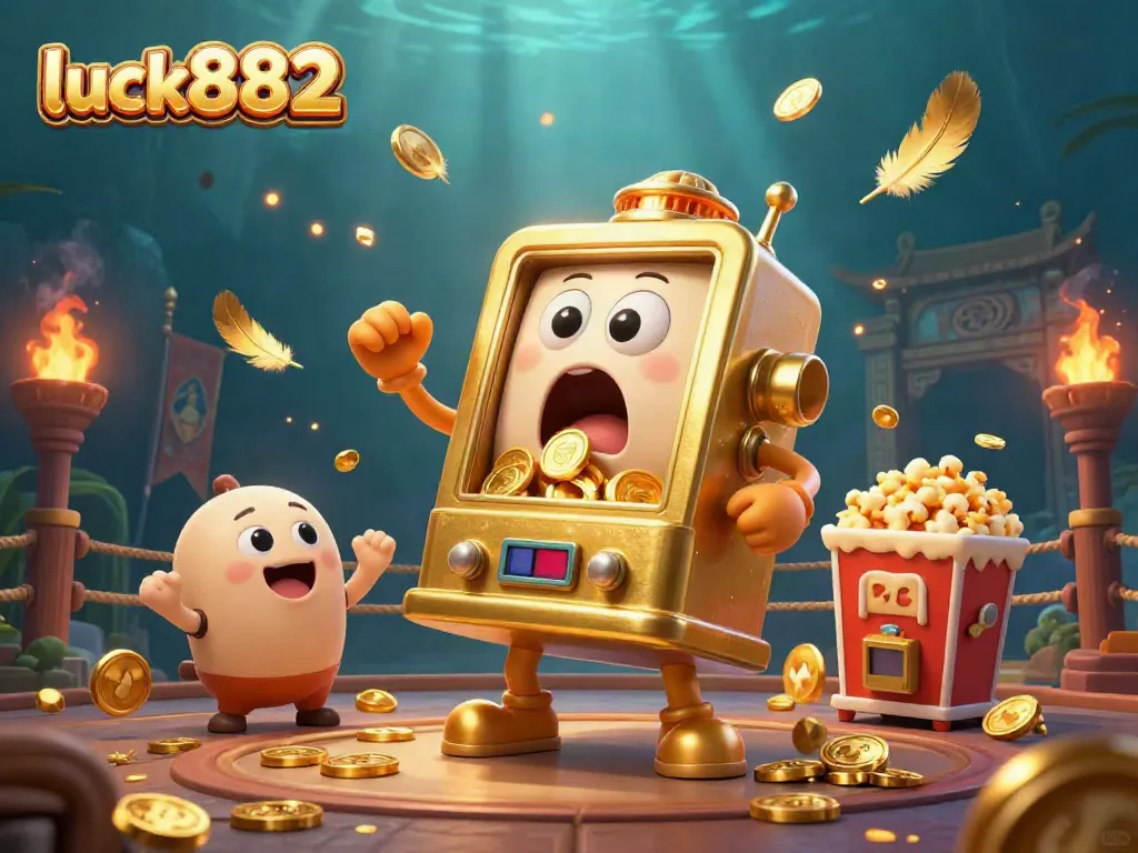 Hit the jackpot with luck8882 as cartoon slot machines celebrate in an exciting casino scene.