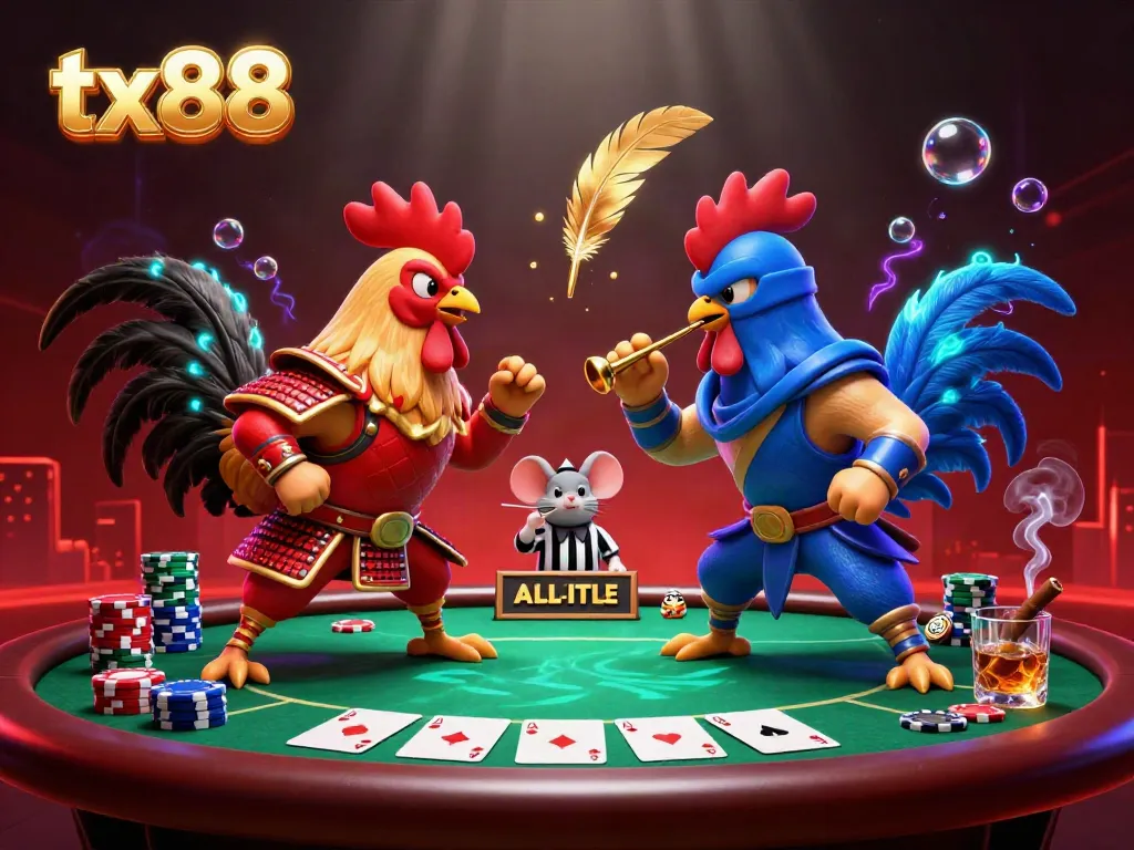 Experience the thrill of tx88 with roosters battling at a vibrant poker table, showcasing casino excitement.