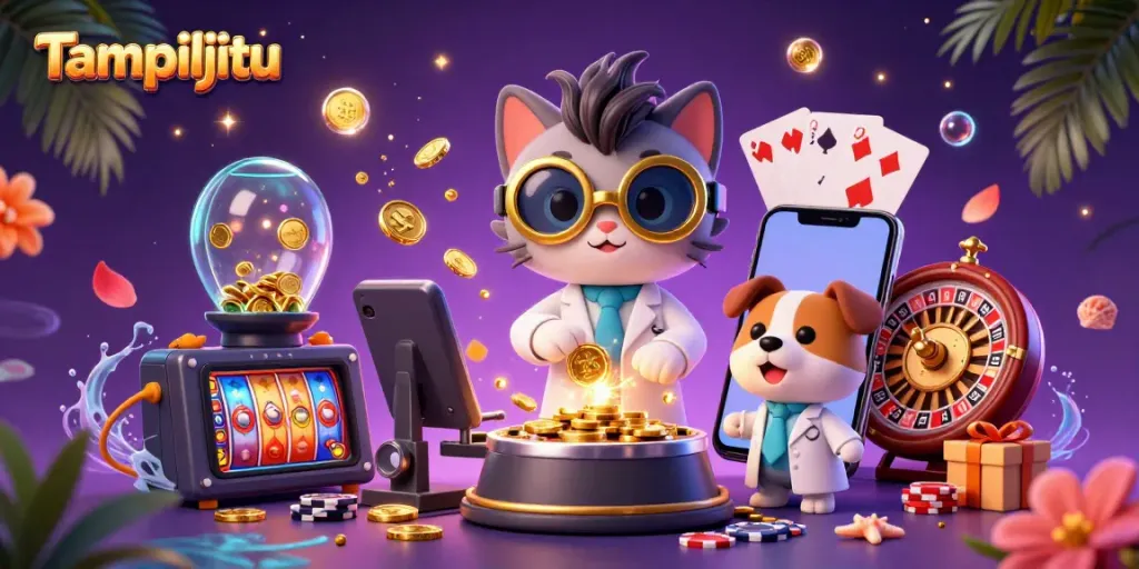 Immerse in Tampiljitu's vibrant digital casino scene with a mad scientist cat and playful dog.