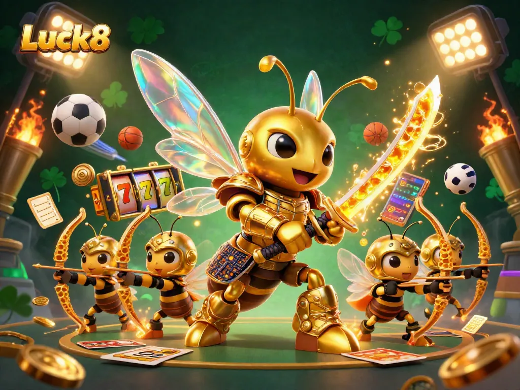 Luck8 displays a vibrant 3D illustration with a golden hornet, samurai armor, and dynamic casino elements.