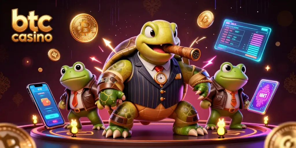 Experience excitement at a vibrant btc casino with engaging characters and glowing crypto elements.